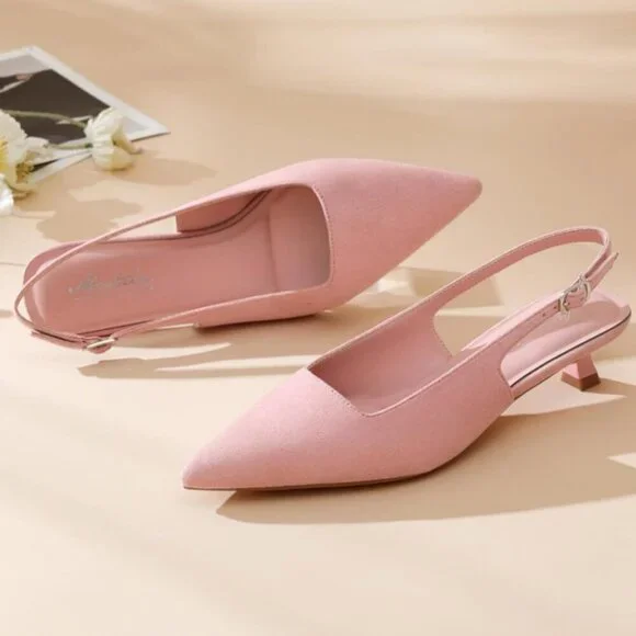 Women's Pink Suede Pointed Closed Toe Slingback Kitten Heels Pumps Party Shoes - Picture 9 of 9